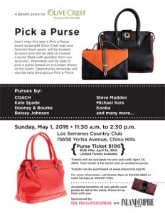 One-page flyer for an event that sold purses for a non-profit helping children and families. Described are: how attendees can purchase a purse, a list of the name brands, and date and time and location information about the past event. Pictured are two purses at top: one black, and one brown and black; a red purse; and a small brown clutch.