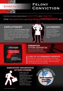 Thumbnail of an infographic with the topic of how a felony conviction has lasting consequences. Covered are employment, licensing, firearm possession, future sentencing, government benefits, deportation and travel restrictions.