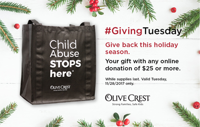 Example of a website graphic announcing #GivingTuesday, saying "Give back this holiday season. Your gift with any online donation of 25 dollars or more." A black cloth bag with the slogan "Child Abuse Stops Here" is shown, while supplies last. The date was November 28, 2017. A logo for a non-profit organization is shown in black and white. 
