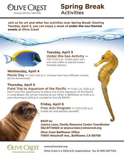 One-page flyer titled "Spring Break Activities." At the top is stated "Join us for art and other fun activities over Spring Break! Starting Tuesday, April 3, you can enjoy a week of under-the-sea themed events at" the organization. The events all took place in the past and include an Under-the-Sea Activity to create arts and crafts at ocean-themed stations, a Movie Day (with four movie choices), Field Trip to the Aquarium of the Pacific and a Free Arts Program. RSVP and address information is shown. The organization's website and 501(c)(3) status are at the bottom.