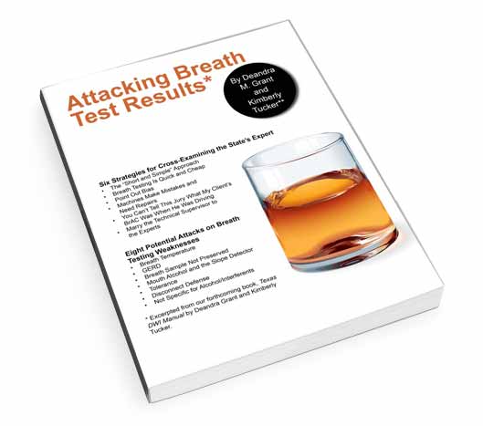 Book cover titled "Attacking Breath Test Results." A glass with an alcoholic drink sits on a white background. Various bullets supporting the topic describe what is i the book.
