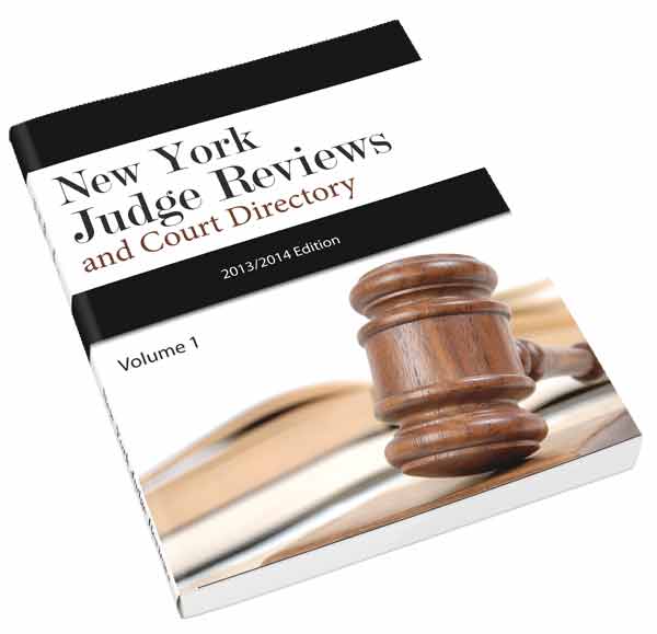 Book cover titled "New York Judge Reviews and Court Directory: Volume 1." A photo of a gavel and an open book take up the bottom half of the cover. The title appears between two solid black bars on the upper half.