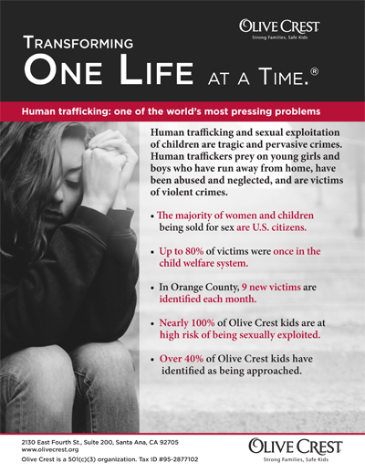 A flyer gives statistics about human trafficking in the County of Orange and how a non-profit organization's clients are affected. A main heading says "Human trafficking: one of the worlds most pressing problems." A link to detailed text follows the photo gallery.