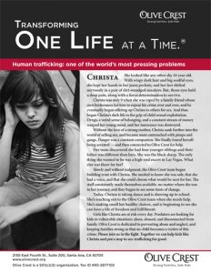 A flyer tells the story of a girl named Christa, who was a victim of sex trafficking. A main heading says "Human trafficking: one of the worlds most pressing problems." A link to detailed text follows the photo gallery.