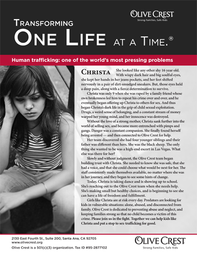 A flyer tells the story of a girl named Christa, who was a victim of sex trafficking. A main heading says "Human trafficking: one of the worlds most pressing problems." A link to detailed text follows the photo gallery.